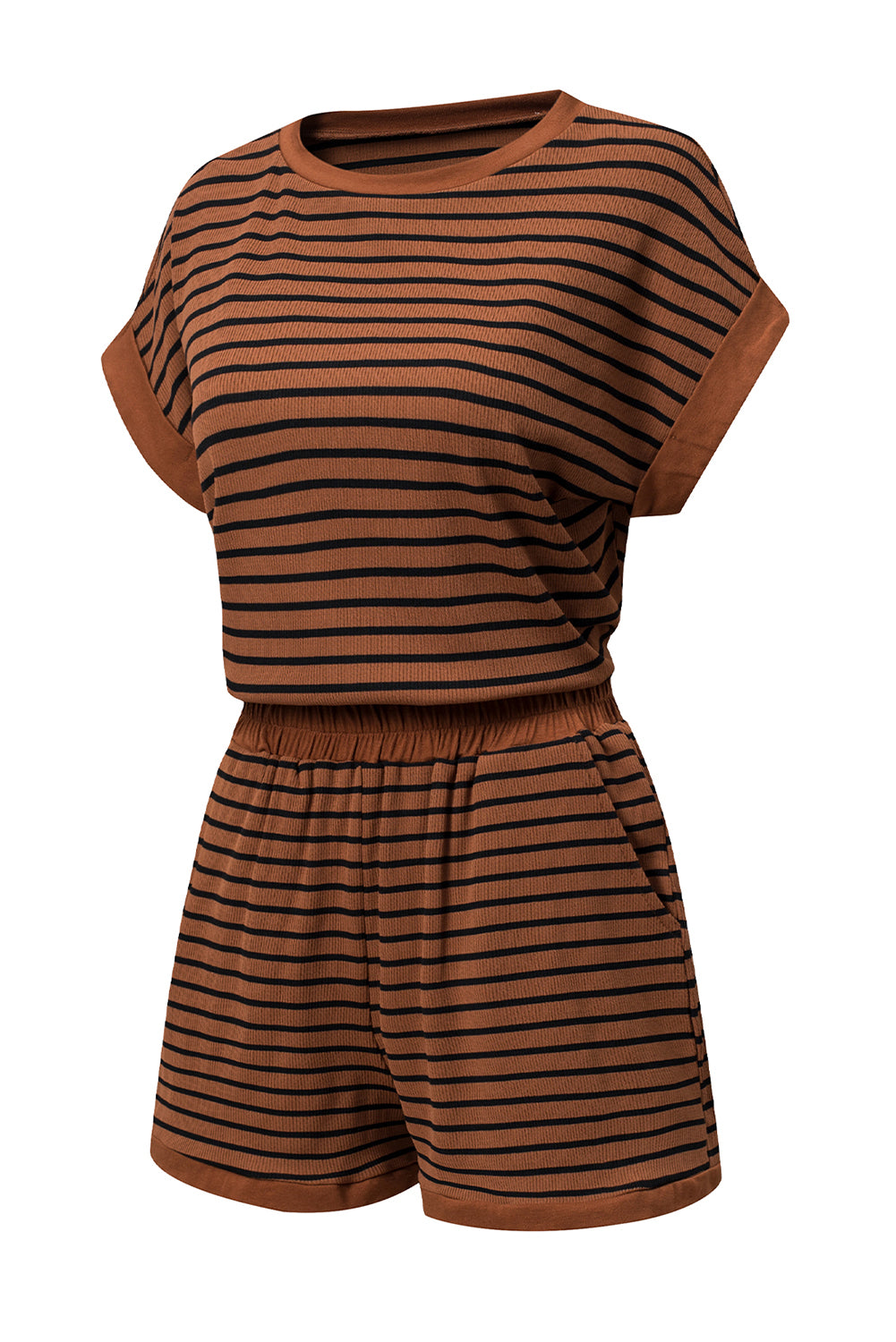 Stripe Ribbed Dolman Tee & Elastic Shorts Set