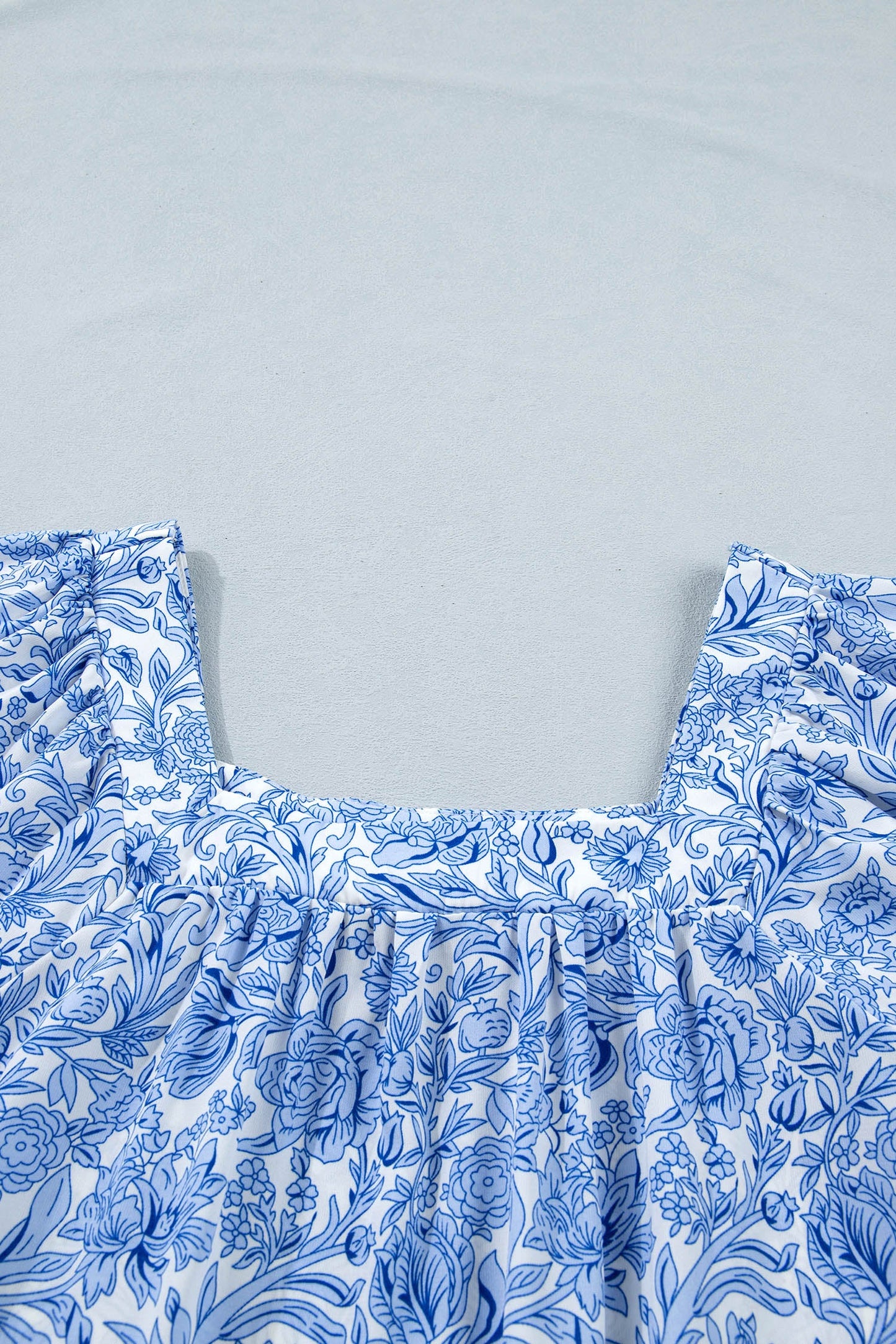 Floral Pleated Square Neck Puff Sleeve Blouse