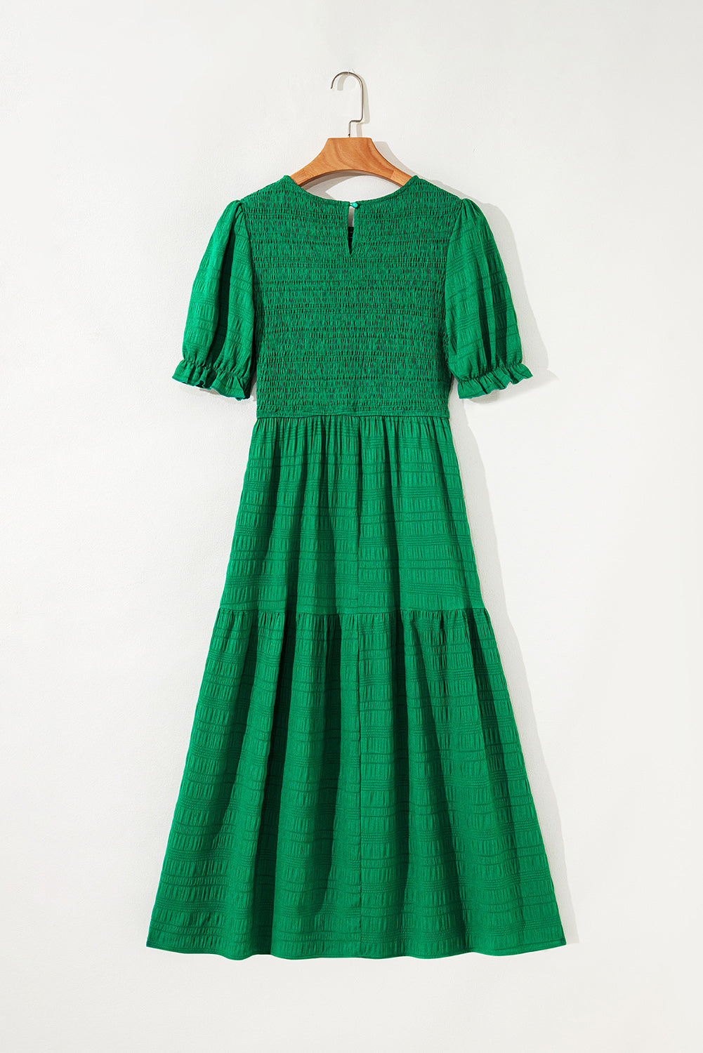 Solid Textured Smocked Puff Short Sleeve Maxi Dress