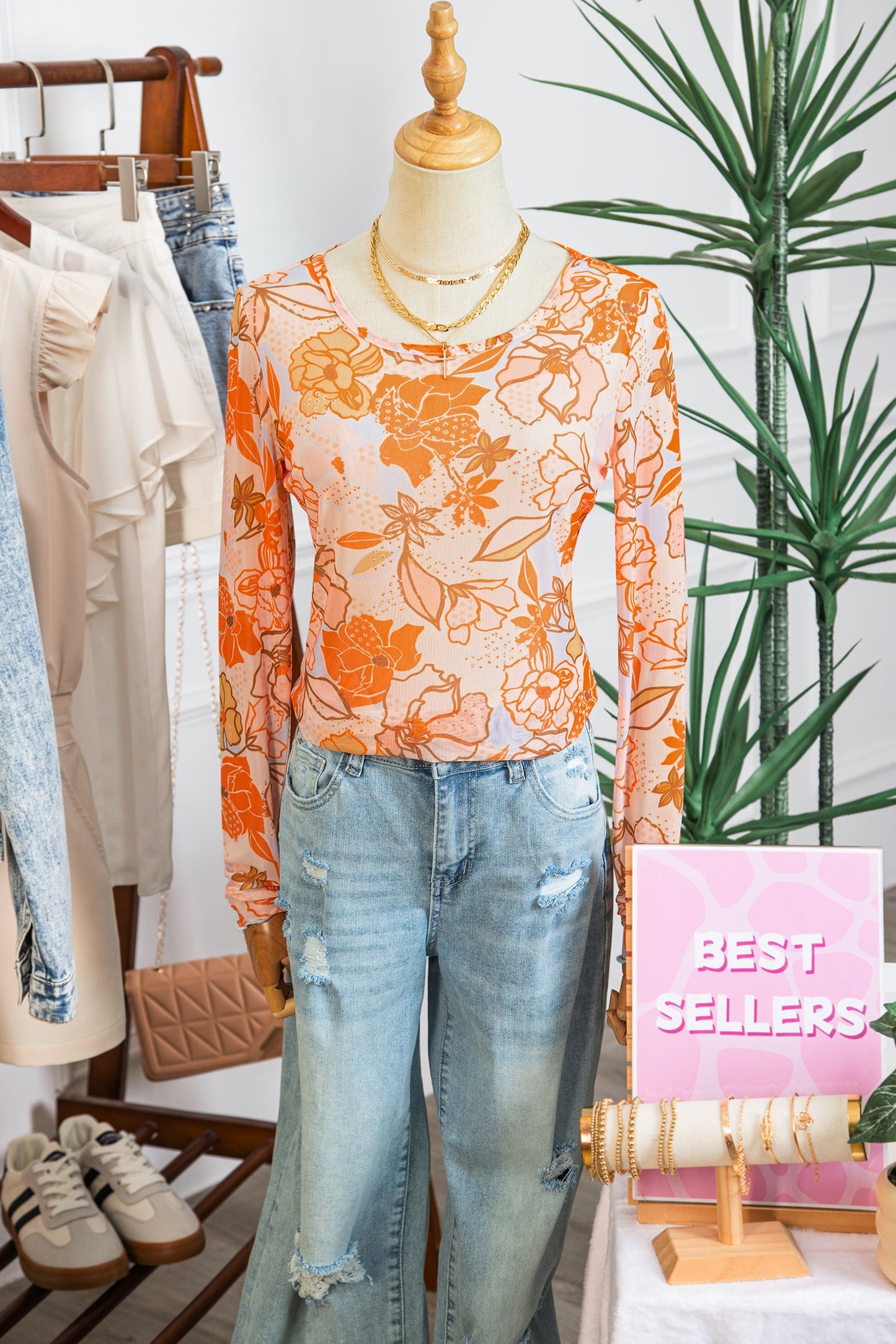 Floral Mesh Lettuce Trim Long Sleeve Top