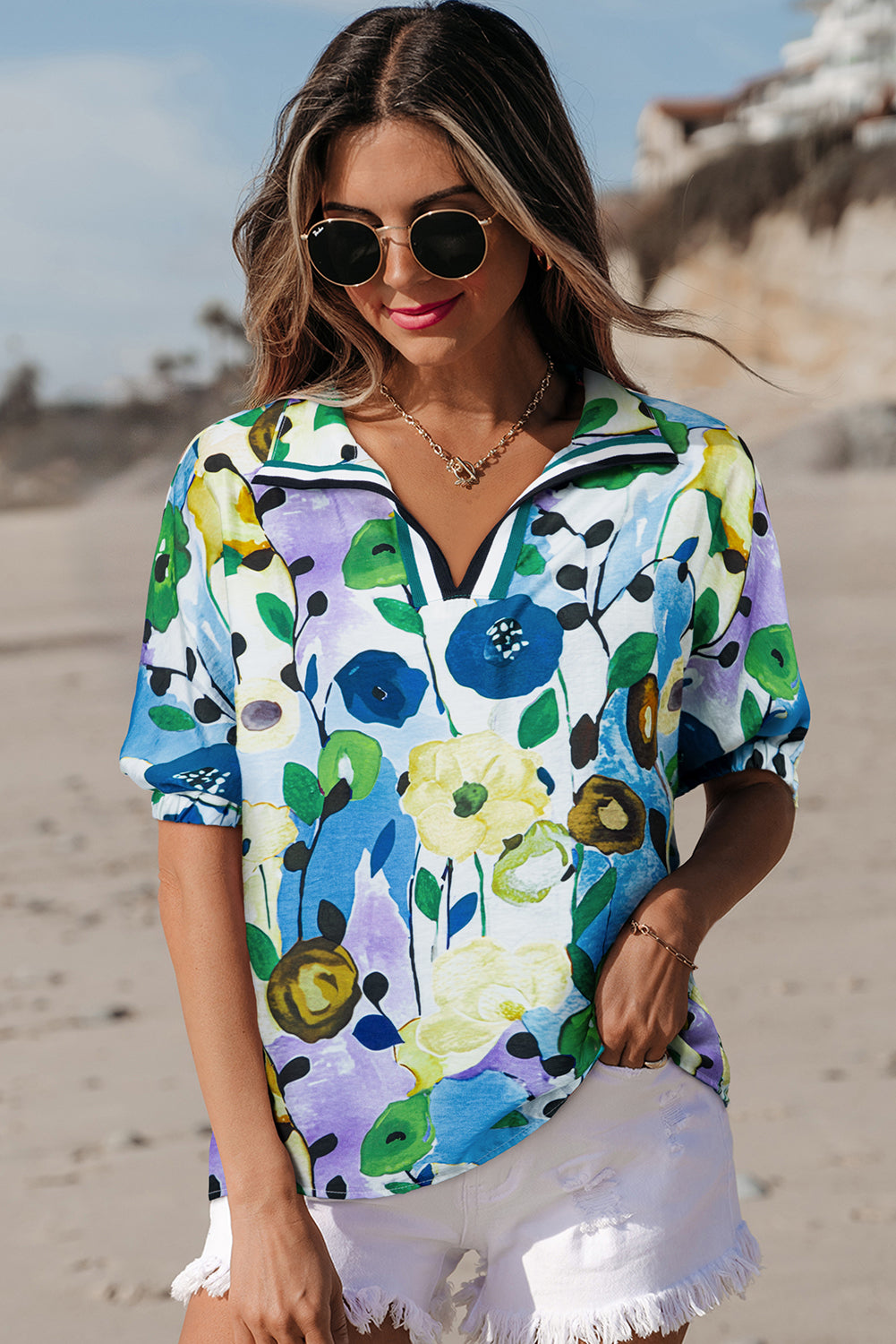 Adele Floral Slit V Neck Blouse