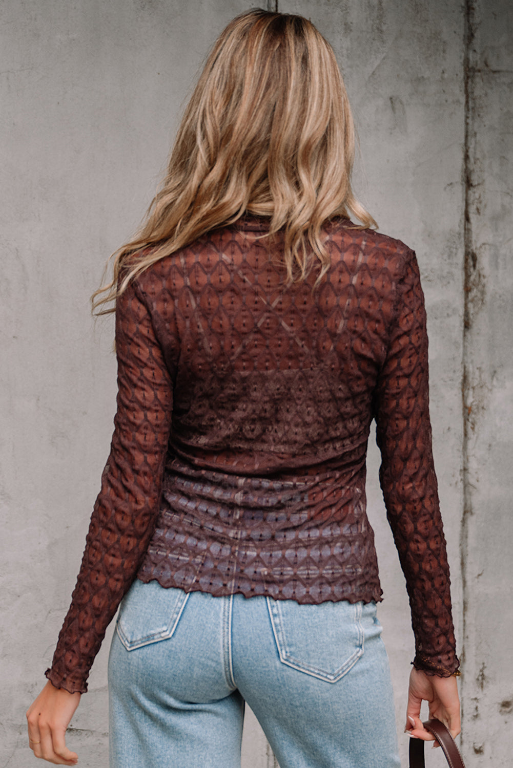 Sheer Mesh Lettuce Trim Long Sleeve Top