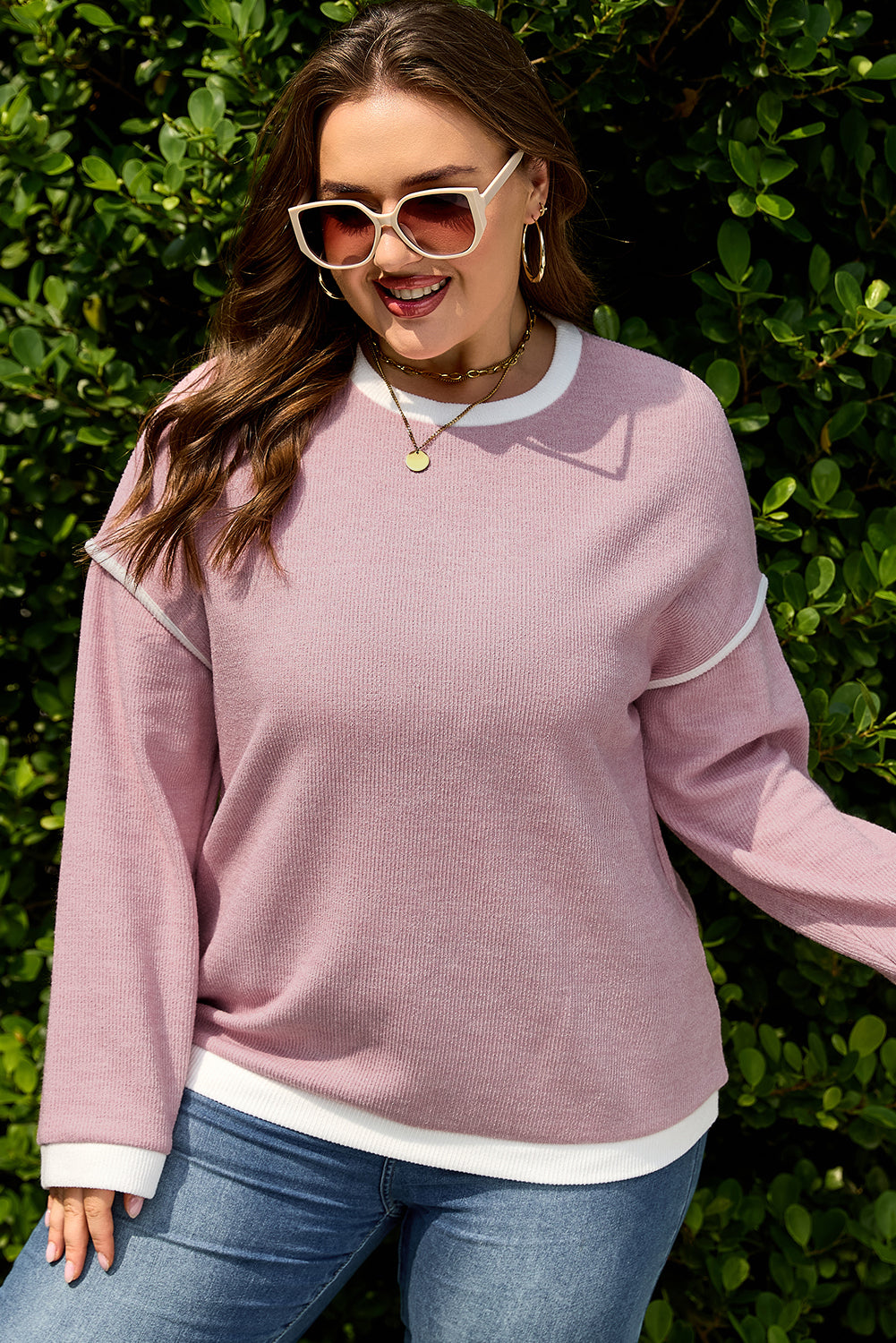 Plus Size Contrast Trim Drop Shoulder Top
