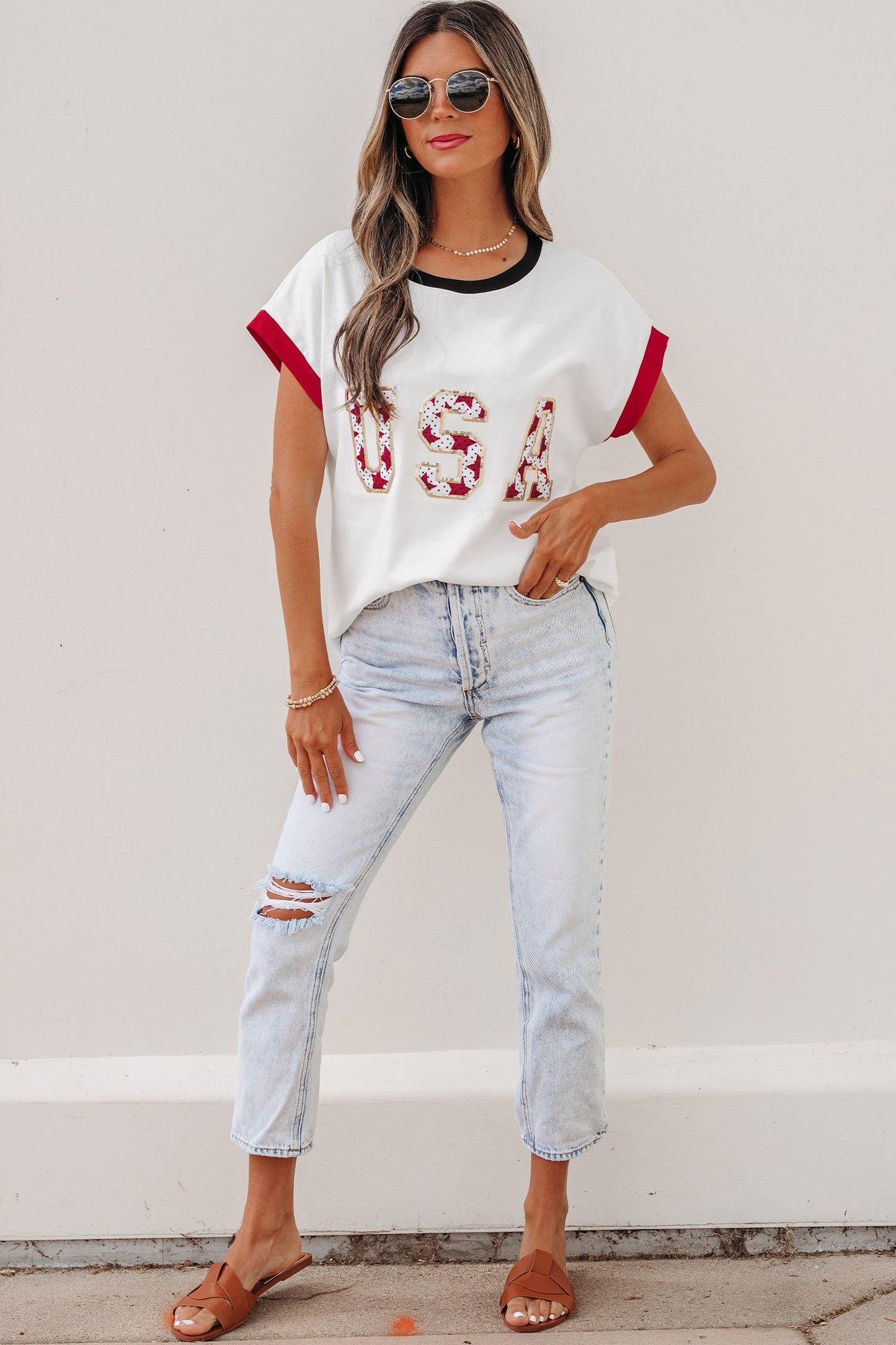 Sequin Star USA Patch Colorblock Trim T-Shirt