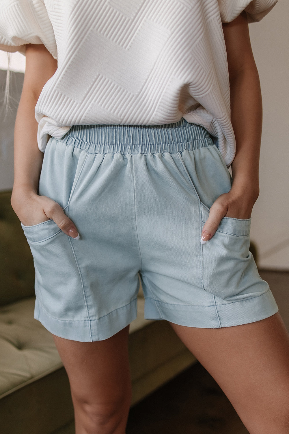 Bianca Light Wash Pocketed Wide Leg Shorts