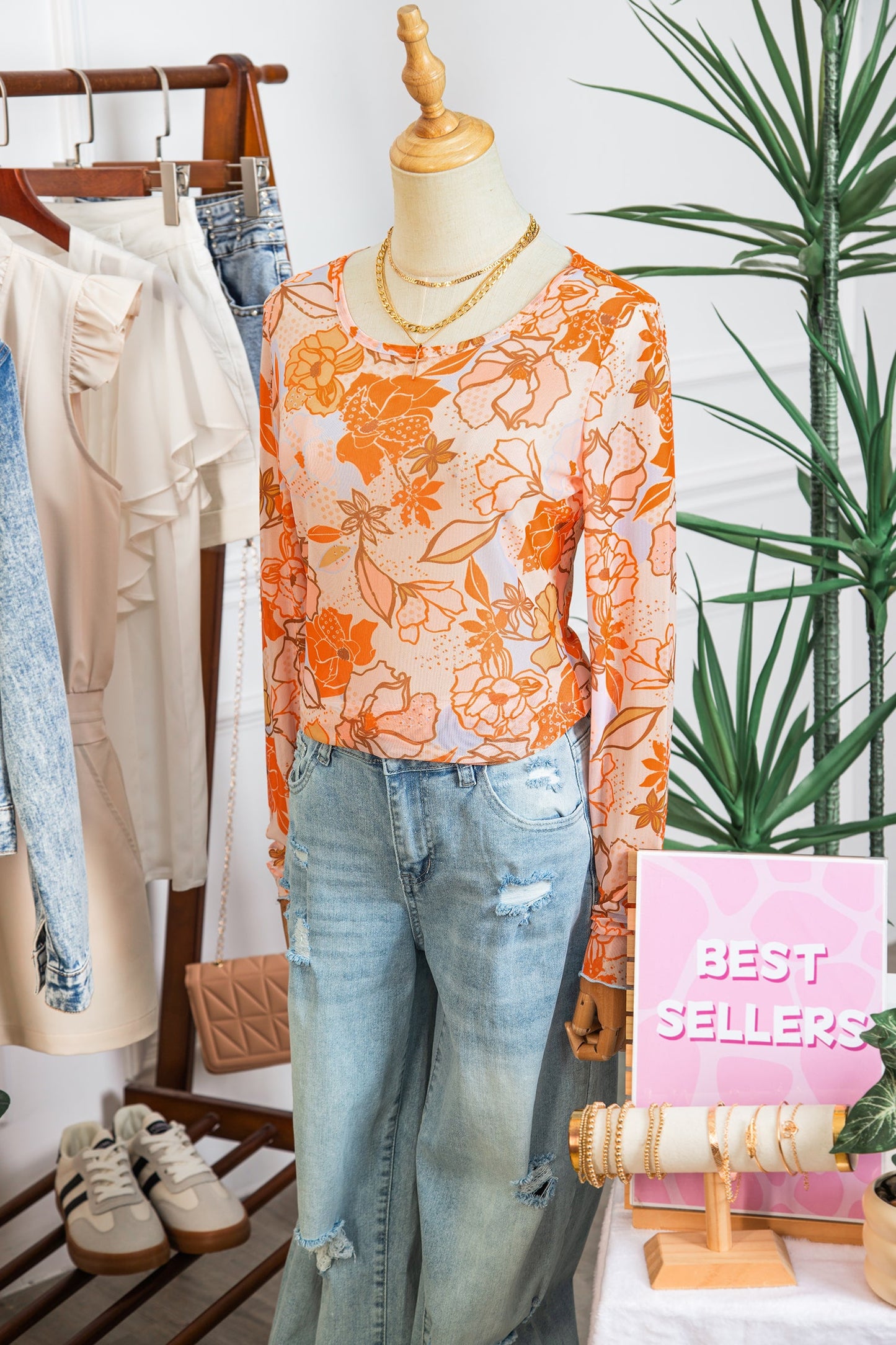 Floral Mesh Lettuce Trim Long Sleeve Top