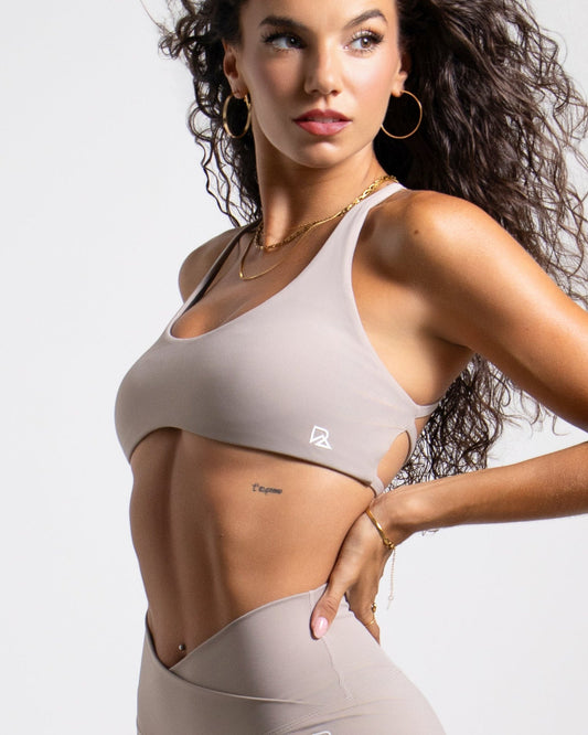 Women's Strappy Open-Back Sports Bra - Taupe | Scoop Neckline Medium Support