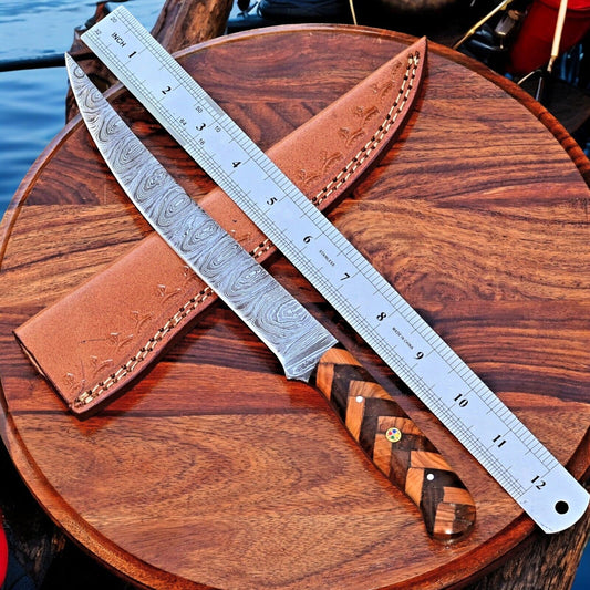 Handmade Damascus Fillet Knife – 12" with Olivewood Handle