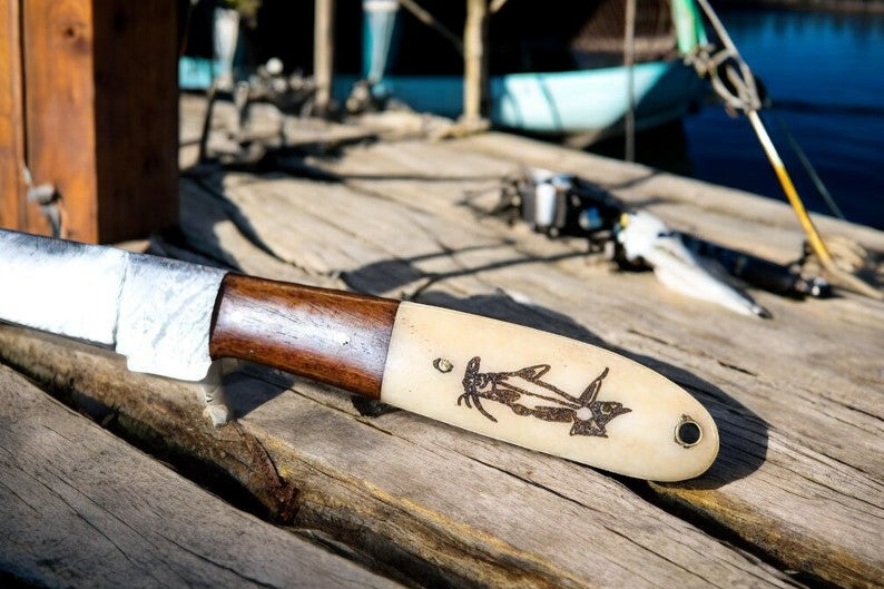 Custom Handmade Damascus Fillet Knife | 13" with Bone & Wood Handle