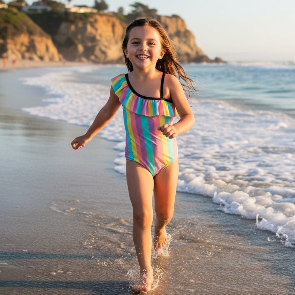 One Piece Girls Ruffled Swimsuit 🌴 Tropical Stripes